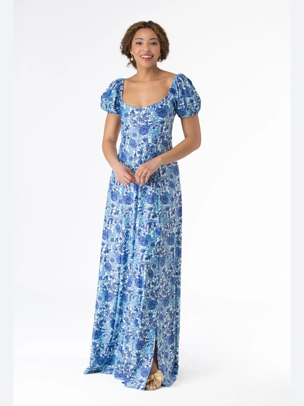Blue Floral Maxi Dress with Puff Sleeves